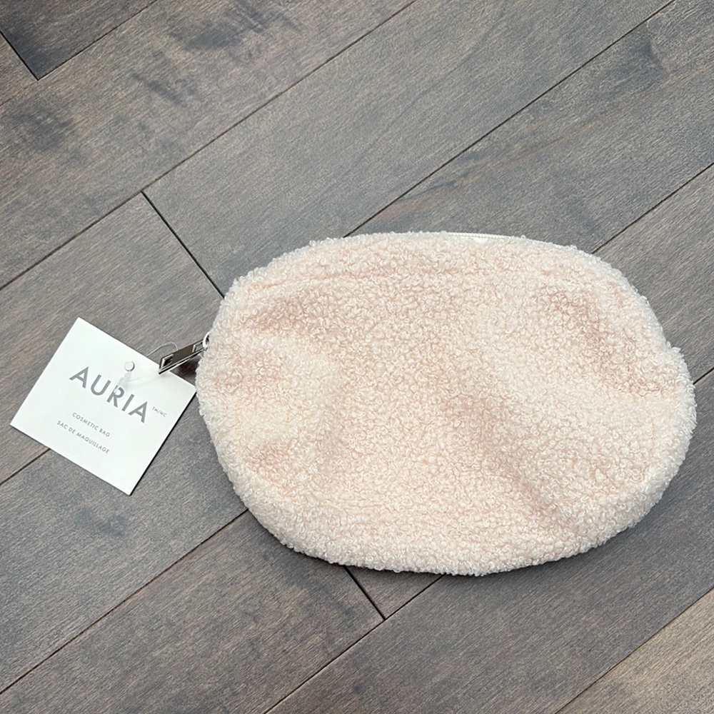 AURIA Sherpa Cream Textured Pouch, Makeup Bag, Travel Storage Zip Tote, Beauty